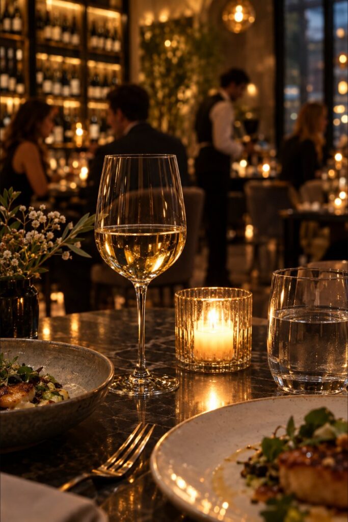 Long dinner table set by candlelight