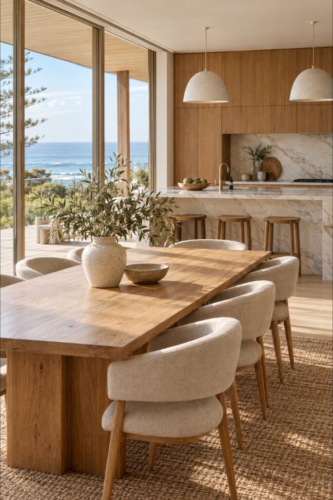 Light-filled dining room with ocean views