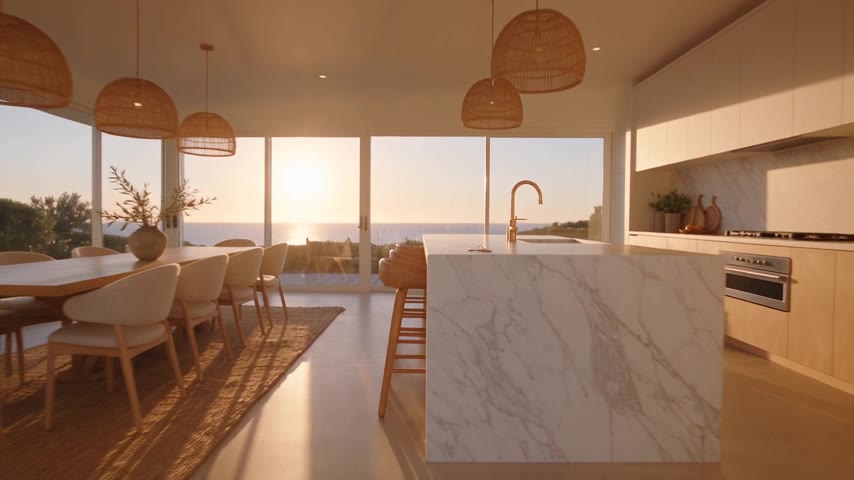 Sunlit kitchen with a marble island and ocean view