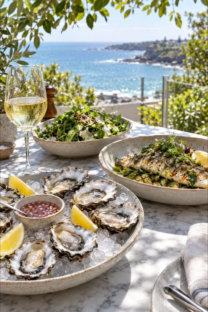 Oysters and wine on a coastal table