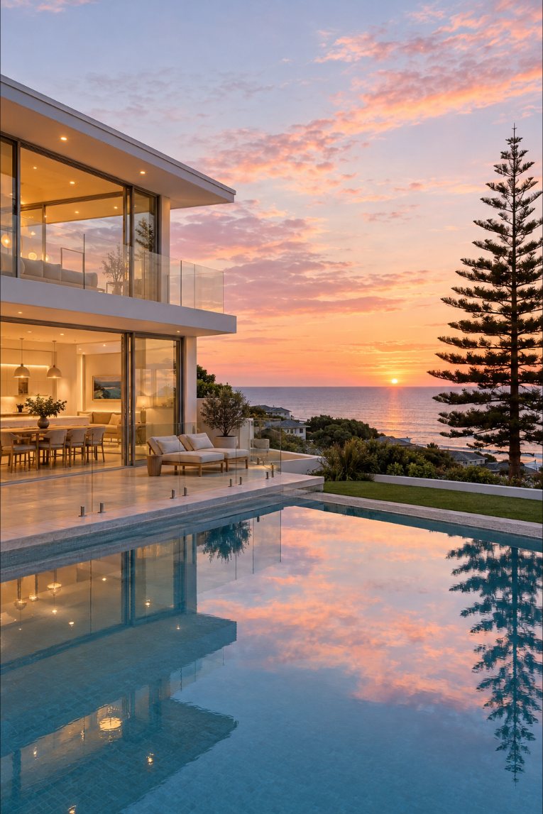 Modern coastal home and pool at dusk